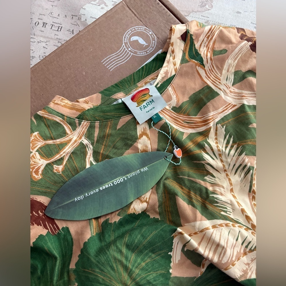160$ Farm Rio Tropical Isla Padded Shoulders Midi Dress Size L Beige Green - Picture 5 of 12